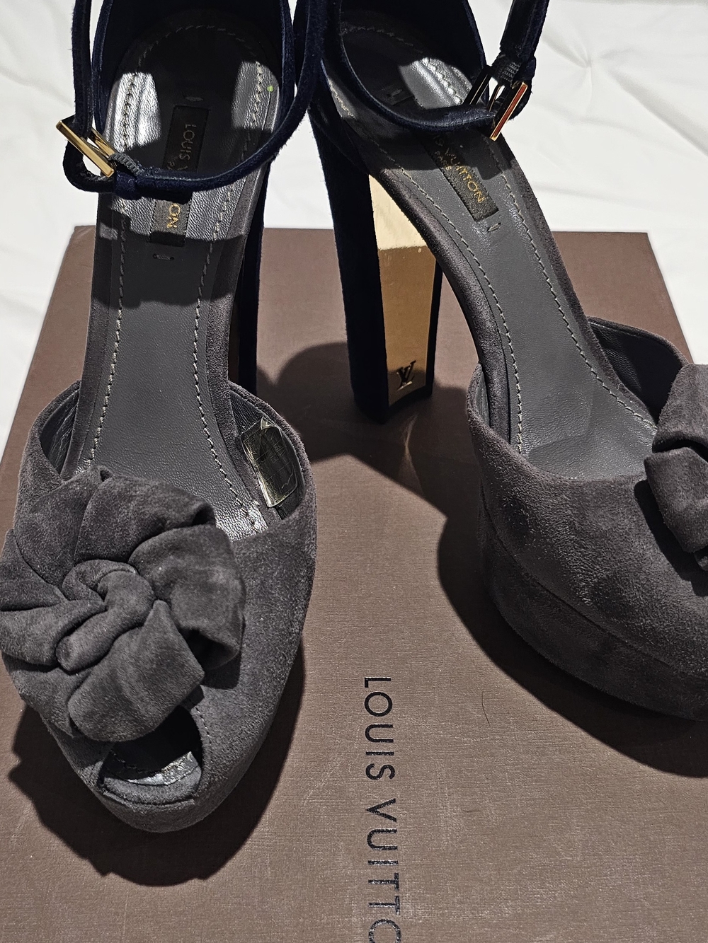 Louis Vuitton Grey And Blue Suede Peep-Toe Heels with Rosette Detail